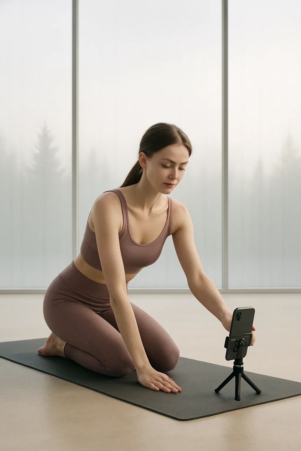 Person preparing a camera setup for yoga practice